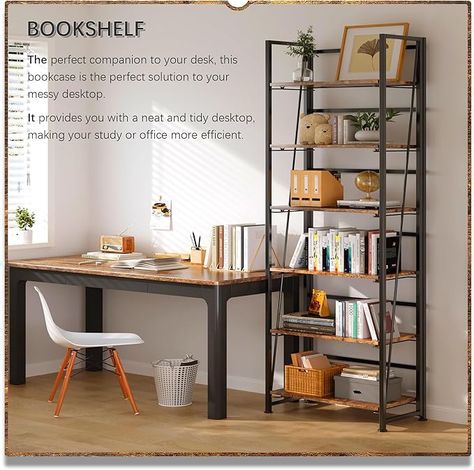 4NM No Assembly Folding Bookshelf, 6-Shelf 74" H Collapsible Foldable Bookcase Storage for Small Spaces, Rustic Brown and Black