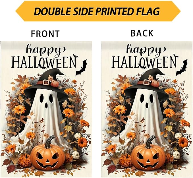 Happy Halloween Garden Flag 12X18 Inch Double Side, Ghost Yard flag,Pumpkin Jack O Lantern Outside Small Garden Flag,Outdoor Flag for Holiday Patio Courtyard Lawn Decoration