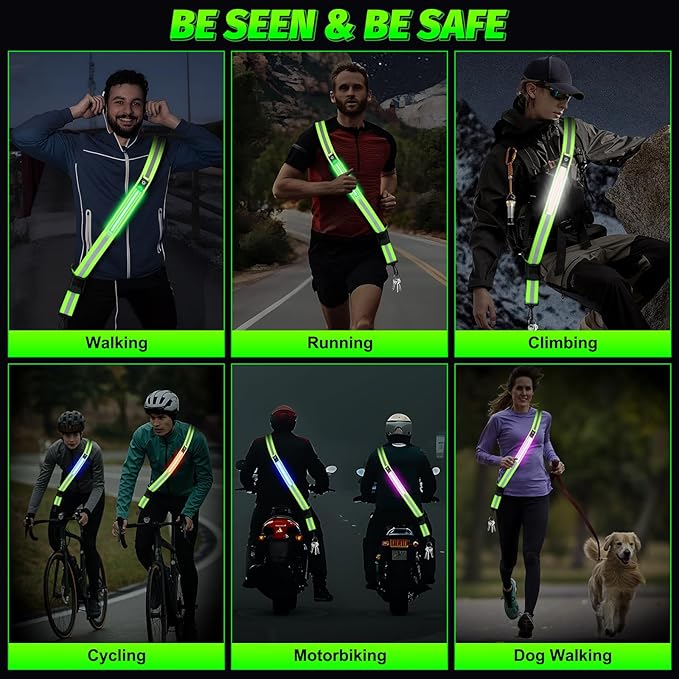 LED Running Gear High Visibility Reflective Belt Sash, Adjustable Night Walking Safety Gear, Rechargeable Light Up Running Reflective Belt for Runners Walkers Men Women
