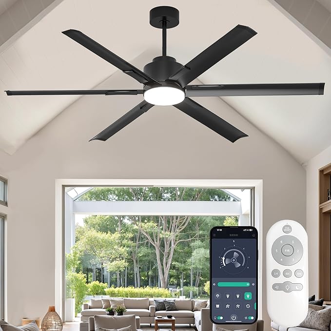 JAYNLT 72 Inch Ceiling Fan with Light,Industrial LED Fan Lights with 6 Aluminium Blades,Large Ceiling Fan - Remote/APP Control, Air Reversible 6 Speed 3 Colors Noiseless DC Motor for Porch,Garage