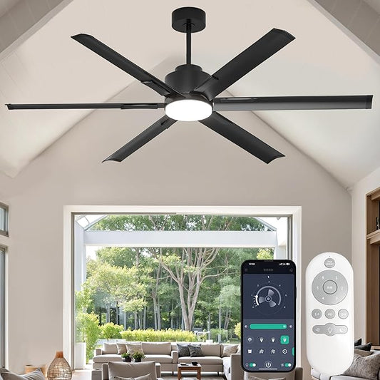 JAYNLT 72 Inch Ceiling Fan with Light,Industrial LED Fan Lights with 6 Aluminium Blades,Large Ceiling Fan - Remote/APP Control, Air Reversible 6 Speed 3 Colors Noiseless DC Motor for Porch,Garage