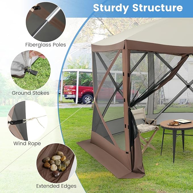 Tangkula 11.5x11.5 Ft Pop Up Gazebo with Netting, Portable Screen Tent with 6 Sided Mesh Walls, 2 Sunshade Cloths, Outdoor Instant Canopy Shelter with Carry Bag for Camping, Lawn, Backyard