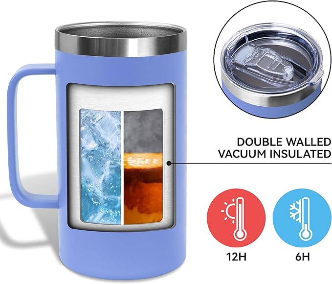 DOMICARE 24oz Mug with Handle and Lid, Stainless Steel Coffee Mug, Travel Mug with Handle, Double Wall Vacuum Coffee Tumbler, Reusable Insulated Cup, Blue, Pack 8