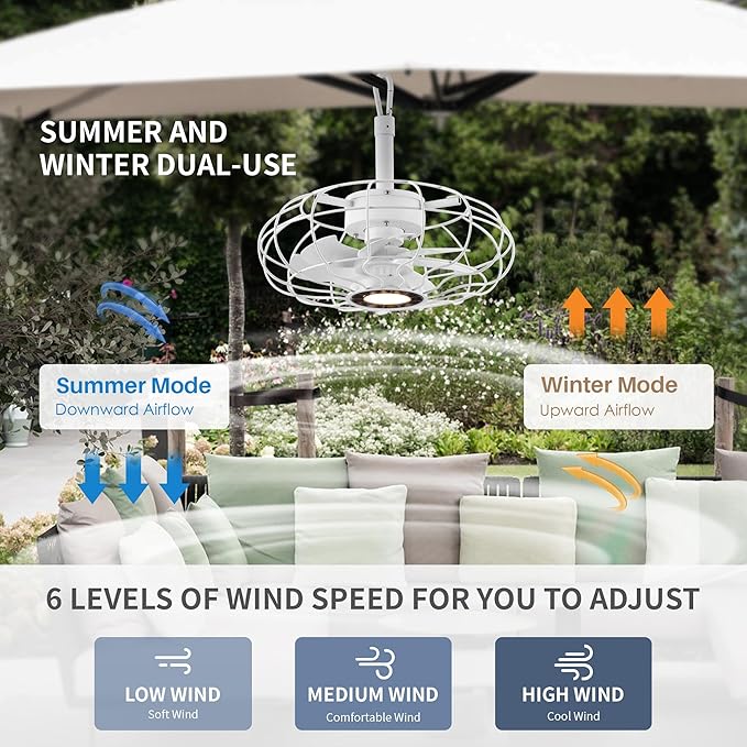 Outdoor Ceiling Fans with Lights, 15''White Hanging Gazebo Fan,3-Color LED Light, Adjustable Height, 6 speeds, Waterproof Plug in Caged Lighting for Patios, Pergola