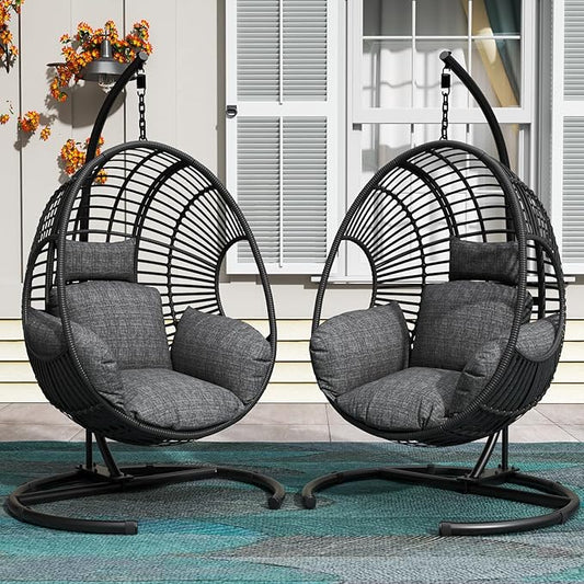 Hanging Egg Chair with Stand - Egg Swing Chair Outdoor Indoor Patio Wicker Chair Swing Hammock Egg Chairs 400lbs Capacity for Outside Patio, Bedroom, Garden and Balcony (Black-Regular, 2P)