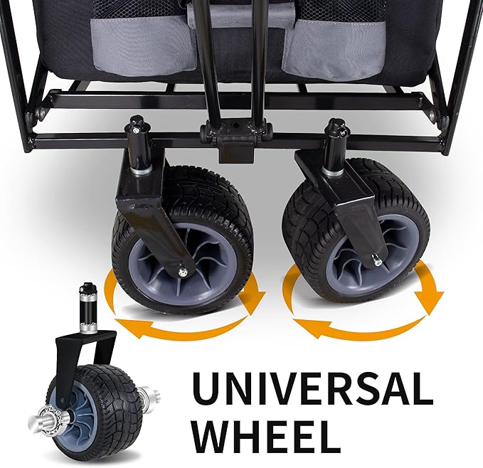 Folding Utility Wagon | Heavy-Duty Collapsible Cart with Brakes & Adjustable Handle | for Gardening, Beach Trips, Camping, Shopping & Outdoor Transport (Black/Grey)