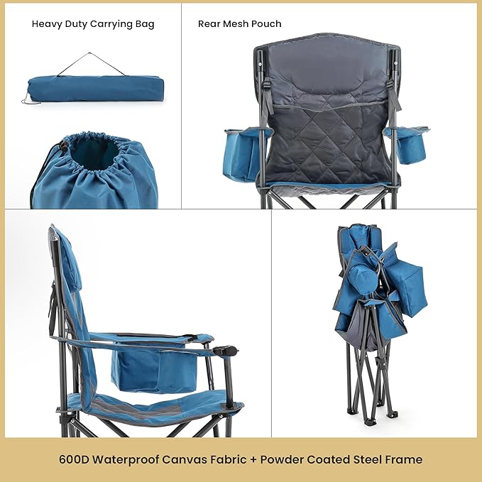 ARROWHEAD OUTDOOR 2-Pack Portable Folding Camping Quad Chair w/ 6-Can Cooler, Cup & Wine Glass Holders, Heavy-Duty Carrying Bag, Padded Armrests, Headrest & Seat, Supports up to 550lbs
