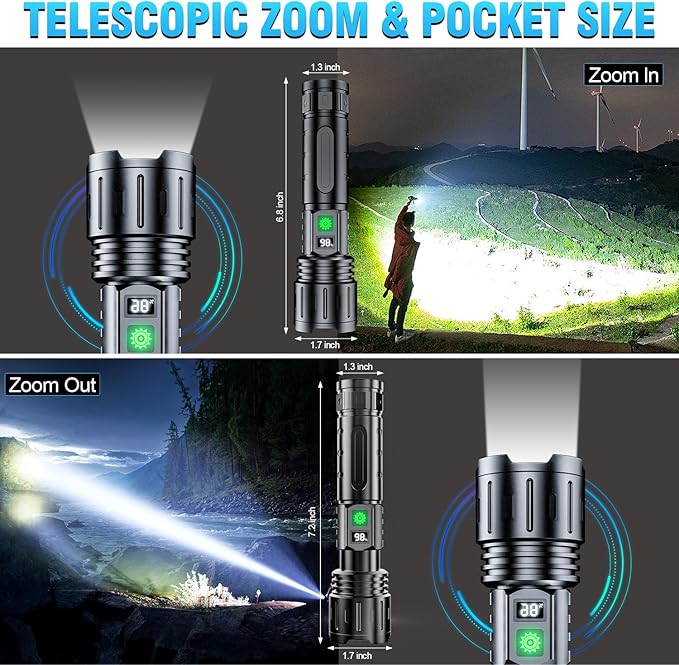 Tactical Rechargeable Flashlights 2000 High Lumens - 20H Runtime, Long Beam Super Bright LED Pocket Flash light IPX5 Waterproof for Camping, 5 Modes, Zoomable, Compact Flashlight for Camping, 2pcs