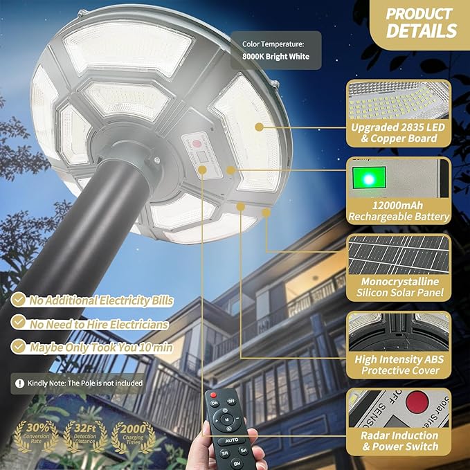 Outdoor Solar Lamp Post Light with Motion Sensor, Dusk to Dawn IP65 Waterproof, 750 LEDs Solar Powered Lamp Pole Light Fixture with Remote for Garden, Yard, Pathway, Street Outdoor Lighting