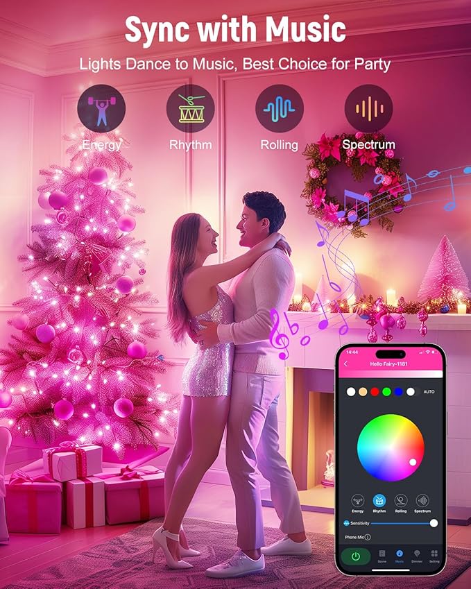 Minetom Smart Fairy Lights Color Changing, 2Pack Total 66FT 200 LED USB RGB String Lights with Remote & APP Control, Music Sync Fairy Lights For Bedroom, Twinkle Christmas String Light for Indoor Tree