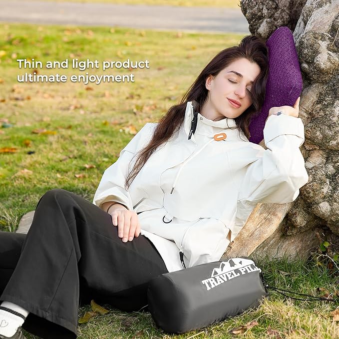 Travel Pillow Memory Foam Pillows, Camping Pillow-Compressible Medium Firm, Breathable Cover, Ideal Backpacking Hiking, Bed Pillows, Airplane and Car (Purple, S)