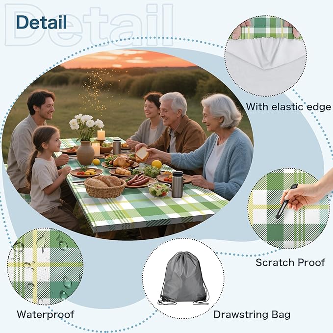 Green Picnic Table Cover with Bench Covers, 3 Pcs Waterproof Elastic Picnic Table Cover Outdoor Camping Essentials, Windproof Fitted Tablecloth for Indoor Outdoor (Plaid, 60X30 Inch)