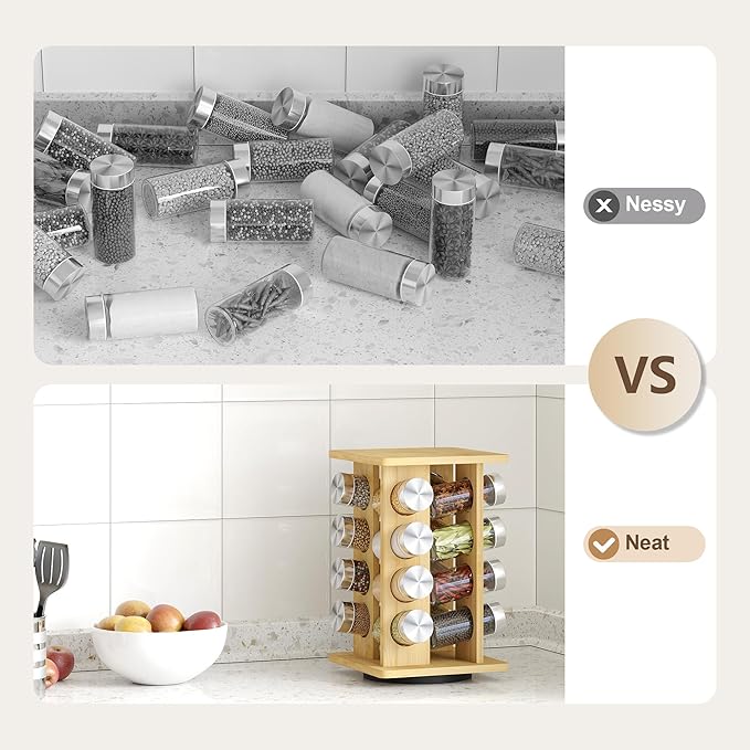 WelFurGeer Bamboo Spice Rack Organizer for Countertop, Revolving Spice Shelf with 16 Glass Jars, Lids & Labels, Desktop Rotating Seasoning Organizer for Kitchens, Space-Saving Design