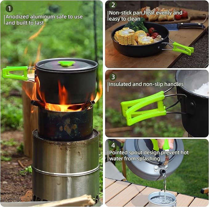 aiGear 3pcs Camping Cookware Mess Kit, Non-Stick Camping Pan Pot Kettle, Lightweight Aluminum, Collapsible Portable Camping Cooking Set for Outdoor Cooking Hiking Picnic