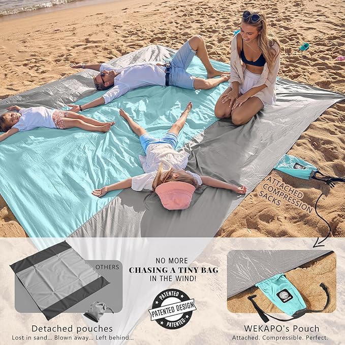 WEKAPO Beach Blanket Sandproof Waterproof, Extra Large Beach Mat, Oversized & Compact Sand Free Mat Quick Drying, Lightweight & Durable with 6 Stakes & 4 Corner Pockets