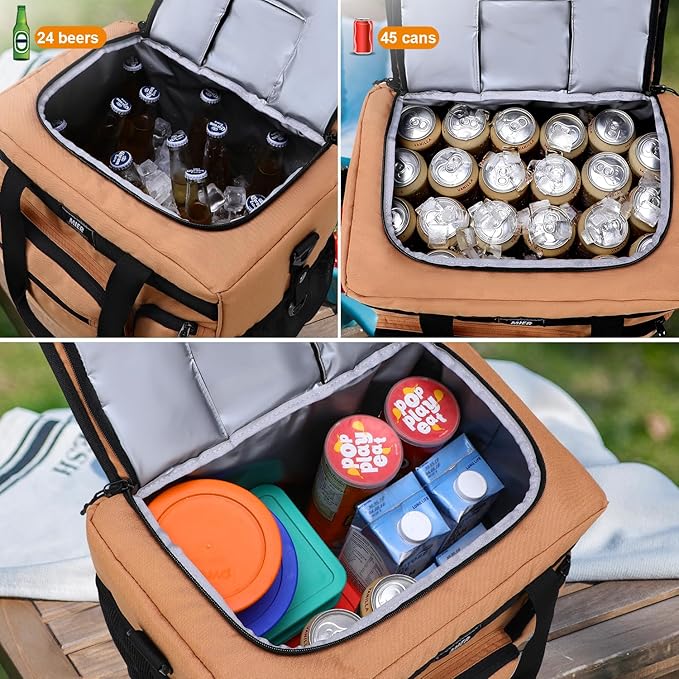 MIER 30L Extra Large Soft Cooler Bag with Bottle Opener for Camping Beach BBQ Grocery Golf Leakproof Picnic Lunch Bag, Collapsible, Top Flip Lid, 45Can (Khaki)