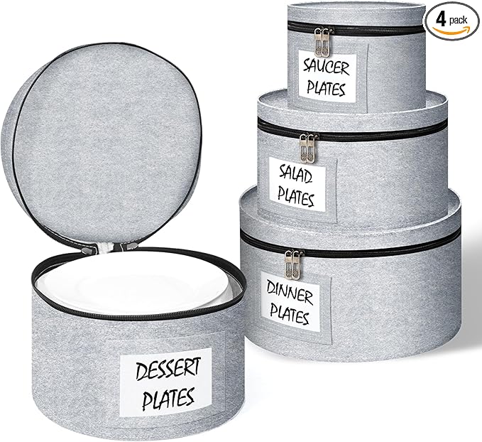 Anycosy China Storage Containers 4 Piece Set Moving Boxes for Dinnerware Stackable Moving Storage Box with Felt Plate Dividers Hard Shell Case for Organizing Dishes