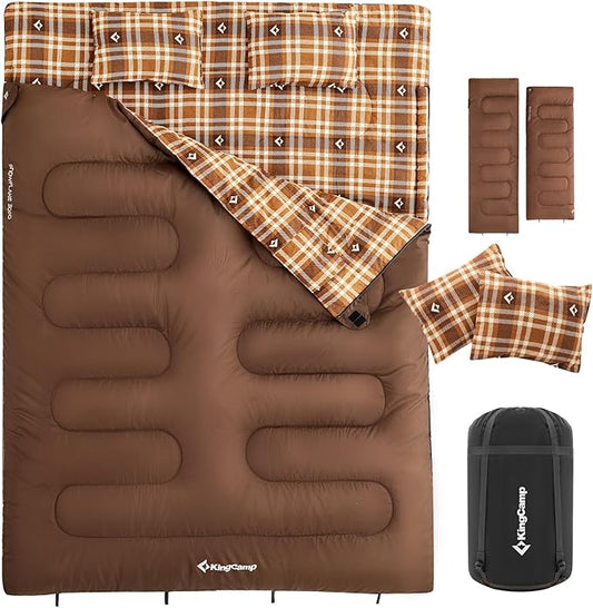 KingCamp Double Sleeping Bag for Adults, Queen Size 2 Person XXL Flannel Sleeping Bag, Waterproof Lightweight Flannel Quilt with 2 Pillows, Perfect for Couples Family Camping Hiking