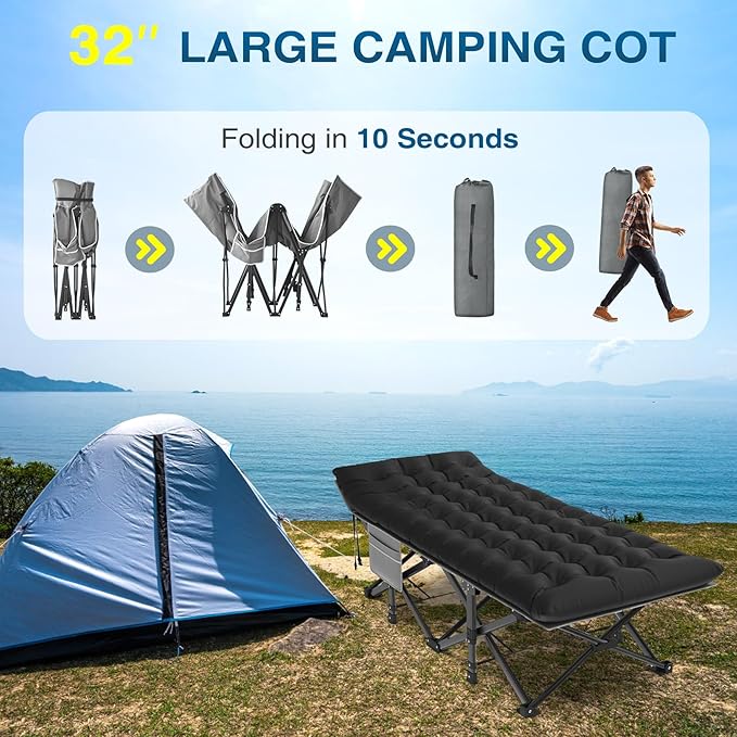 ZENPETIO Oversized XXL Folding Camping Cot, Heavy Duty Sleeping Cot for Adults with Mattress and Pillow, Portable Cot Bed with Carry Bag for Outdoor Camp Travel Home Guest Office, 78x32x18