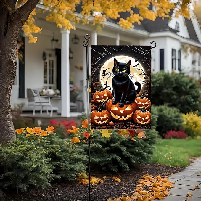 Halloween Garden Flag 12X18Inch Double Side, Jack O Lantern Yard flag, Cat Outside Small Garden Flag Decorative, Outdoor Flag for Holiday Patio Courtyard Lawn