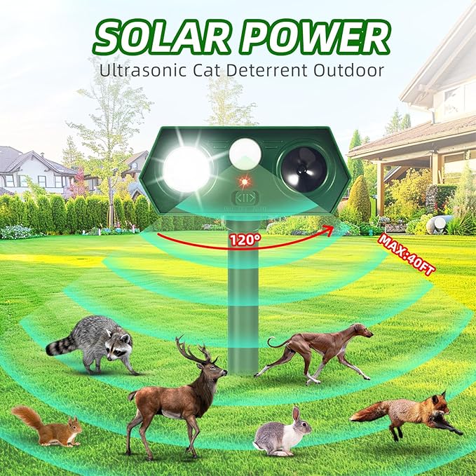 4Pack Solar Ultrasonic Animal Repellent Cat Repellent Outdoor Deer Repellent Devices Motion Detection with LED Flash Light Waterproof Squirrel Mouse Raccoon Dog Bird Repellent for Yard