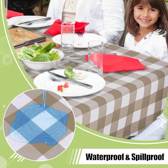 Smiry Rectangle Vinyl Table Cloth, Waterproof Buffalo Flannel Backed Tablecloth, Wipeable Plastic Plaid Table Cover for Dinner, Picnic, Party and Outdoor (Khaki & White, 60" x 84")