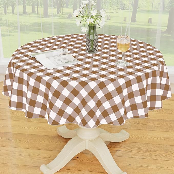 Smiry Round Plastic Table Cloth, Waterproof Vinyl Tablecloth with Flannel Backing, Wipeable Buffalo Plaid Table Cover for Dining, Indoor and Outdoor (Brown & White, 60" Round)