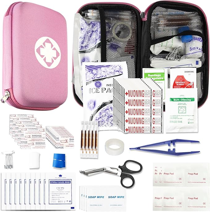277PCS Compact Emergency First Aid Kit for Car Business Travel Size Backpacking Gear Bag Camping Essentials Survival Kit Supplies for Road Trips, Hiking, Outdoor Play Pink AMORNING