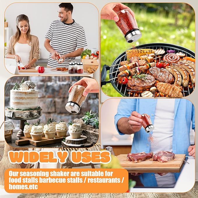 Zhehao 6 Pcs Salt Pepper Shakers Set with Adjustable Pour Holes Stainless Steel Spice Dispenser 6oz Clear Glass Seasoning Containers for Kitchen Restaurant Home BBQ Camping Farmhouse Accessories