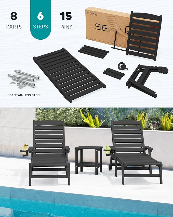 SERWALL Patio Chaise Lounge Chair, 78'' Long HDPE Outdoor Lounge Chair 5 Positions Adjustable Outdoor Lounger, Poly Lounge Chair with Rolling Wheels & Cup Holder for Pool, Obsidian Black