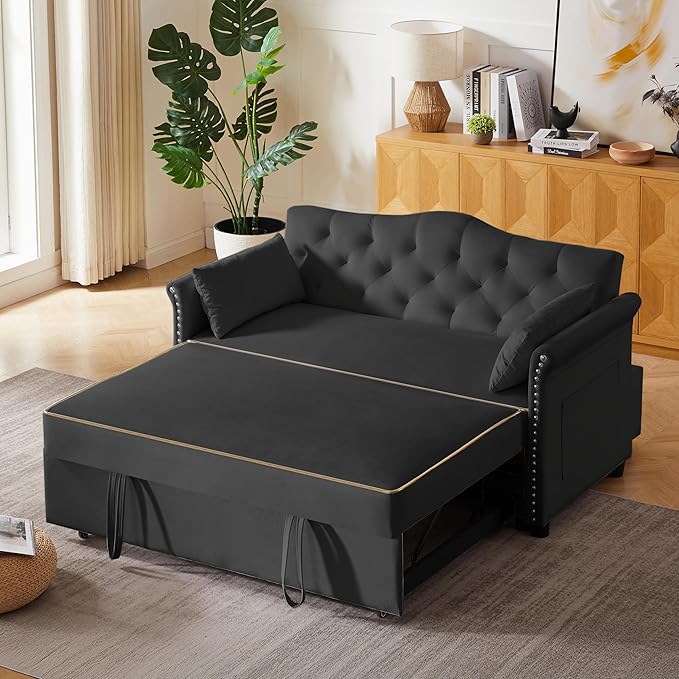 58" Velvet Sofa Bed, 3-in-1 Convertible Pull-Out Sleeper Sofa & Couch with Storage Bag and Adjustable Backrest,Perfect for Small Spaces, Living Room, or Office