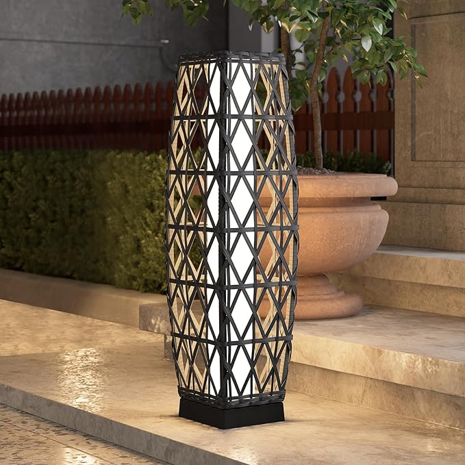 Grand patio Solar Outdoor Floor Lamp Wicker Lantern Decoration Light for Deck Garden Lawn Porch-Medium Cindy, Silver Gray