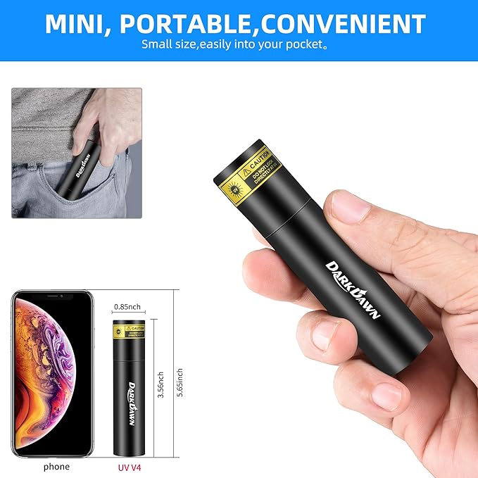 DARKDAWN UV 365nm Black Lights，Mini USB - C Rechargeable Flashlights Portable Woods Lamp, Handheld Portable Blacklight 370nm for Cat Urine Detection, Stains, Uranium Glass, Leak Detection, V4 365 nm