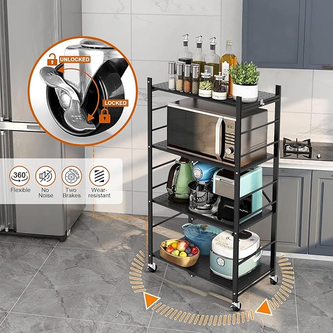 Himix Storage Shelves with 20 Hooks, 4-Tier Foldable Shelves for Storage, Folding Shelf Unit Pantry Shelves with Wheels, Metal Shelving Storage Rack Shelf for Kitchen Garage Home, Black - No Assembly