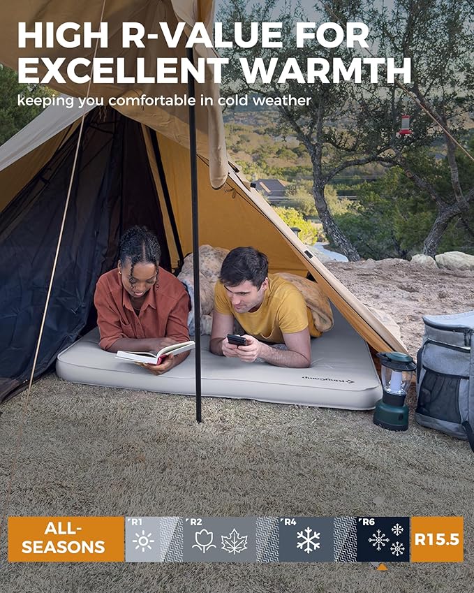 KingCamp Self Inflating Sleeping Pad, 6" Ultra Thick R 15.5 Air & Foam Camping Mattress 2 Person, Full Size Double Sleeping Pad for Camp Tent Outdoor Car, PVC Free (Mediumgrey)