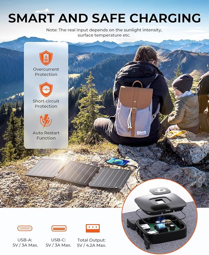 21W Solar Panel Charger BigBlue SolarPowa 20 Portable Solar Charger with USB-A/USB-C Ports, IP68 Waterproof, High-Efficiency Lightweight Foldable Solar Panels for Phones, Tablets, Camping, Backpacking