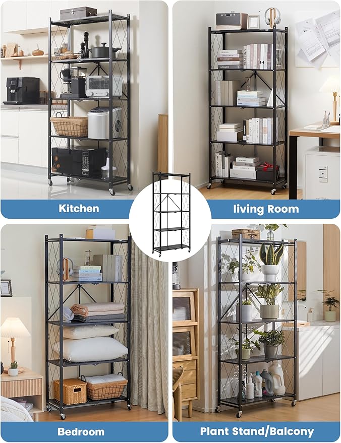ALANNG 70.7" H Metal Storage Shelves, 5 Tier Folding Shelf on Wheels, Heavy Duty, No Assembly, Rolling, Collapsible Rack Unit for Kitchen, Basement, Pantry (Black,1 Pack)