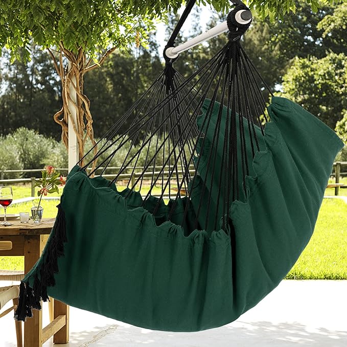 Y- STOP Hammock Chair Hanging Rope Swing, Max 500 Lbs, 2 Cushions Included, Large Macrame Hanging Chair with Pocket for Superior Comfort, with Hardware Kit, Green