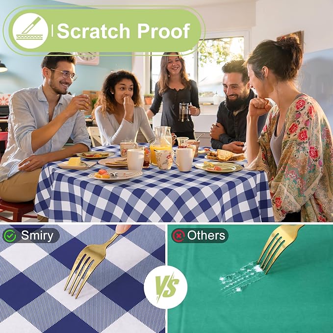 Smiry Round Plastic Table Cloth, Waterproof Vinyl Tablecloth with Flannel Backing, Wipeable Buffalo Plaid Table Cover for Dining, Indoor and Outdoor (Navy & White, 60" Round)