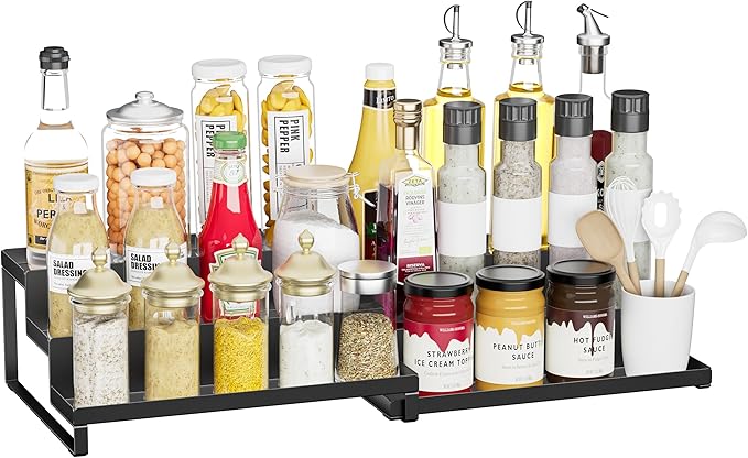 Spice Rack Organizer for Cabinet, Expandable 3 - Tiered Spice Rack, Metal Spice Organizer, Spice Shelf Organizer for Cabinet, Countertop, Pantry, Cupboard, Black