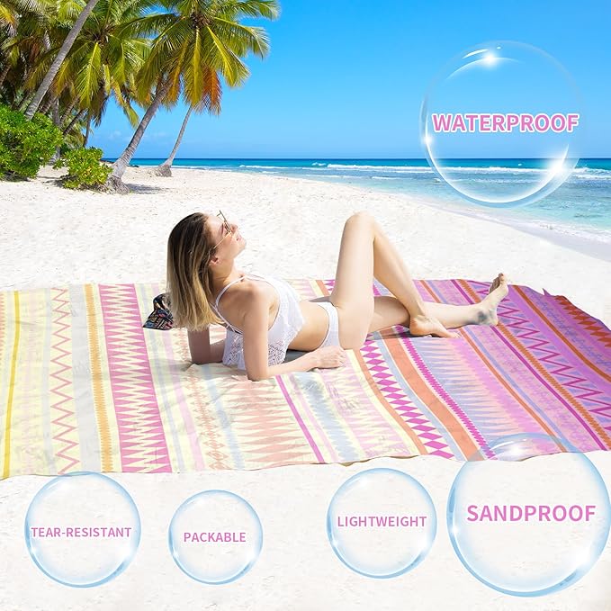 BYDOLL Beach Blanket Waterproof Sandproof 78''×81'' Suits1-4 Adults Compact Lightweight Oversized Sand-Free Blanket Large Picnic Mat for Beach Travel Camping Hiking