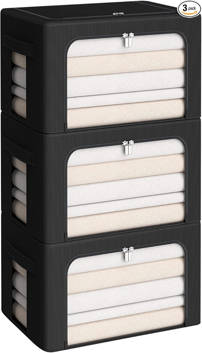 3Pack Frame Storage Box - Clothes Storage Bin Bags Oxford Fabric Foldable Stackable Container Organizer Set with Clear Window & Carry Handles (Black, X-Small-36L)