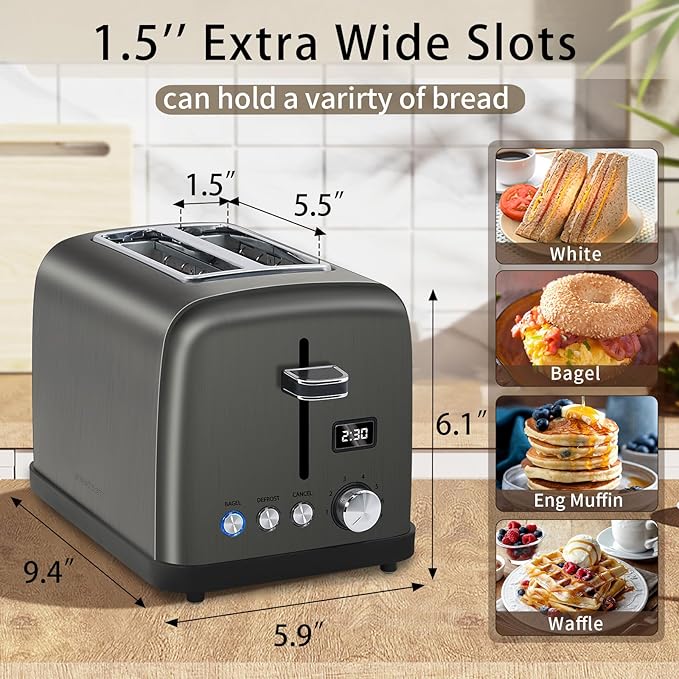 SEEDEEM Toaster 2 Slice, LCD Display, 7 Shade Settings, 1.4'' Wide Slots, Stainless Steel Digital Toaster for Bagel, Defrost, Reheat, Removable Crumb Tray, 900W, Grey