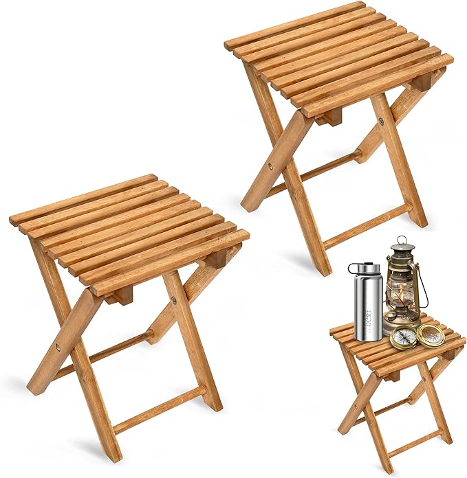 2PCs Folding Side Tables, Waterproof Patio Foldable End Table, Portable Side Table for Indoor and Outdoor Garden, Porch, Balcony, Camping, Fishing, Natural Color, Small Size 14 inch Height