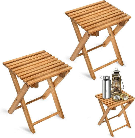 2PCs Folding Side Tables, Waterproof Patio Foldable End Table, Portable Side Table for Indoor and Outdoor Garden, Porch, Balcony, Camping, Fishing, Natural Color, Small Size 14 inch Height