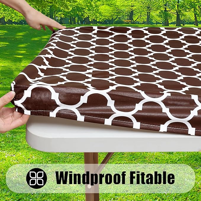 Smiry Rectangle Picnic Table Cover, Waterproof Elastic Fitted Camping Tablecloths for 4 Foot Tables, Wipeable Flannel Backed Vinyl Tablecloth Protector for Indoor, Outdoor (Coffee, 30x48 Inches)