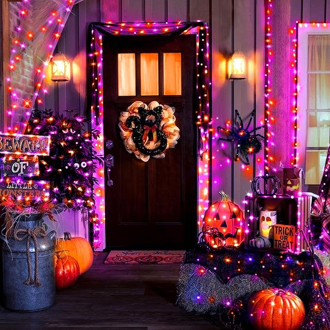 KNONEW 100FT 300LED Orange & Purple Halloween Fairy Lights Plug in,Orange Purple String Lights Outdoor Waterproof 8 Modes Memory Times for Bedroom Garden Party Halloween Decorations