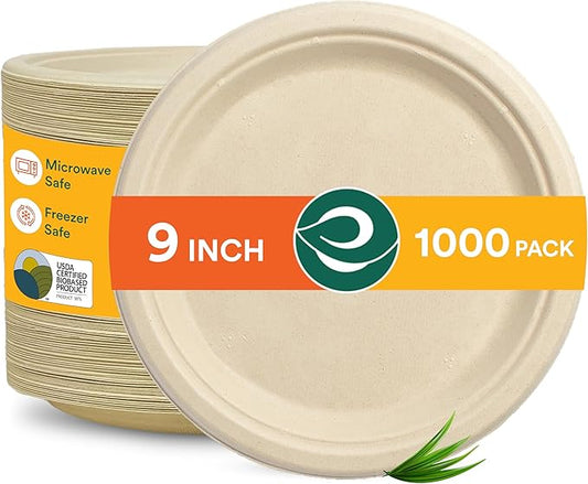 ECO SOUL 100% Compostable 9 Inch Paper Plates 1000 [8x125 Pc] Disposable Heavy Duty Eco-Friendly Sturdy Dinner, Wedding, Event Plates I Biodegradable Unbleached Sugarcane Eco Plates