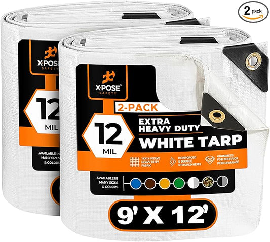 Heavy Duty White Poly Tarp 9' X 12' (2-Pack) - Multipurpose Protective Cover - Durable, Waterproof, Weather Proof, Rip and Tear Resistant - Extra Thick 12 Mil Polyethylene - by Xpose Safety