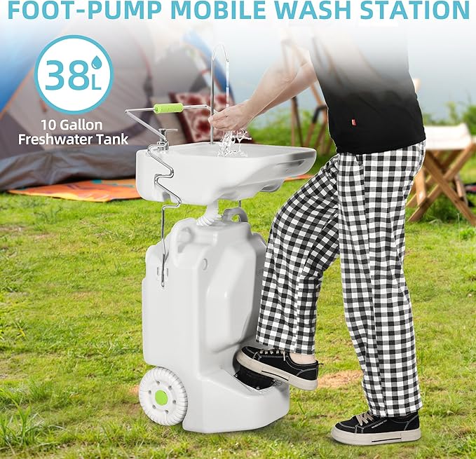 YITAMOTOR 38L Portable Camping Sink, Portable Hand Washing Station with Adjustable Wash Basin, Large Wheels, Foot Pump, Towel Holder Soap Dispenser for Outdoors, Garden, Camping, Worksites, Camping